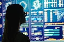 Frau mit Brille vor großer Monitorwand